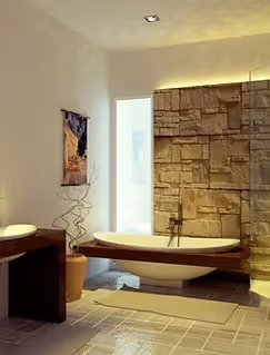 Salle de bain haut de gamme avec mur en pierre et baignoire en bois