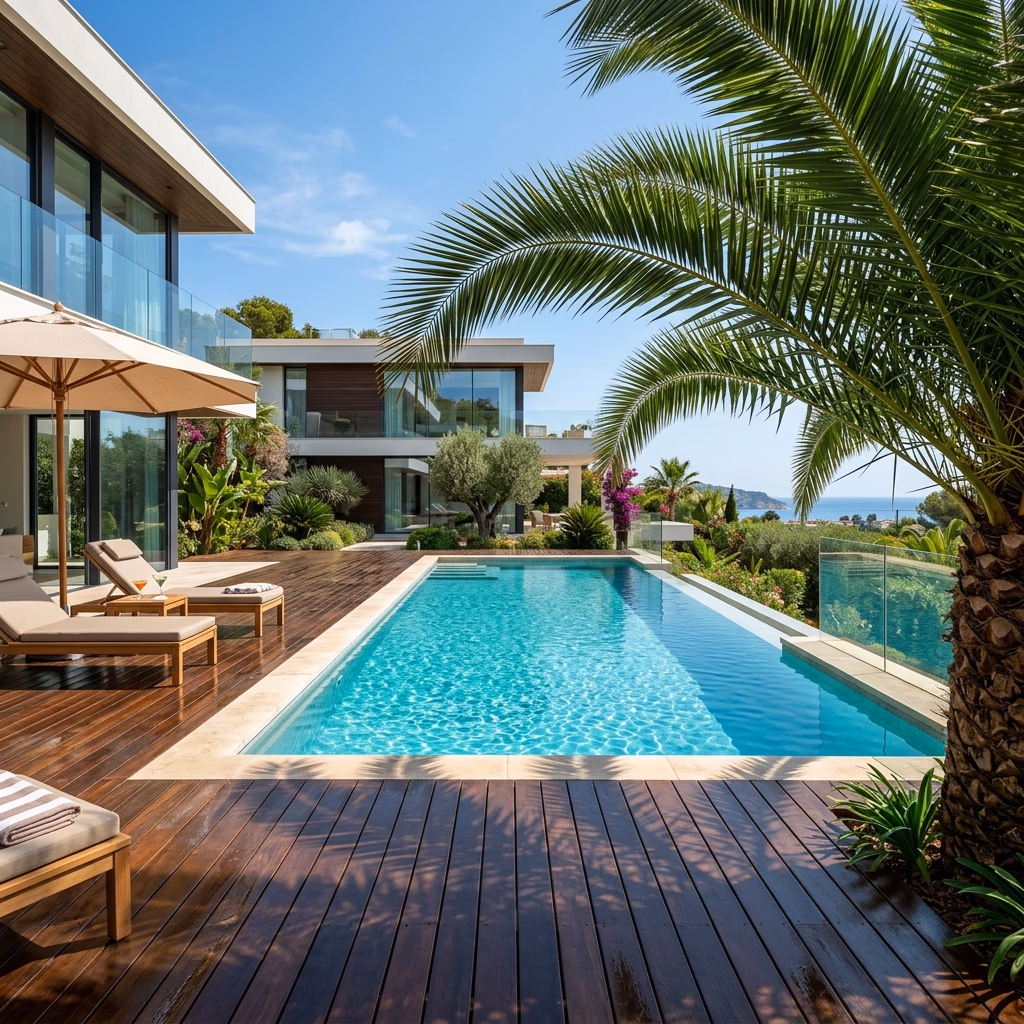 Terrasse en bois moderne avec piscine et palmier